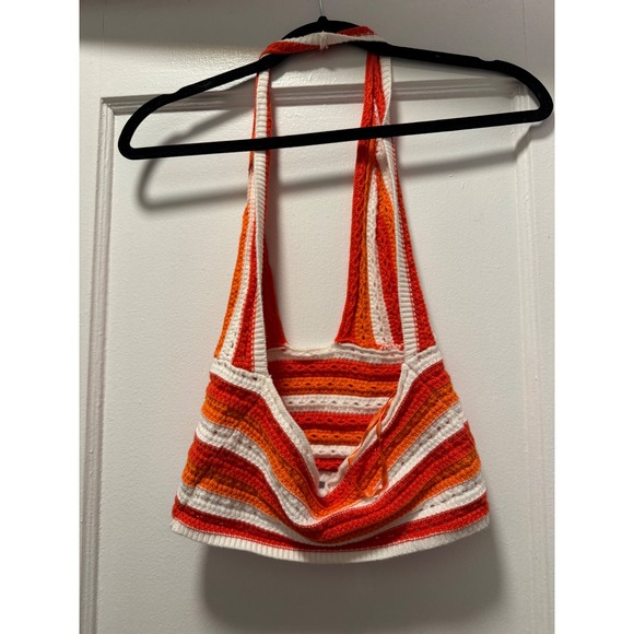 Akira Orange White Striped Crochet Halter Top Womens Medium Boho Knit Crop Top - Picture 2 of 3